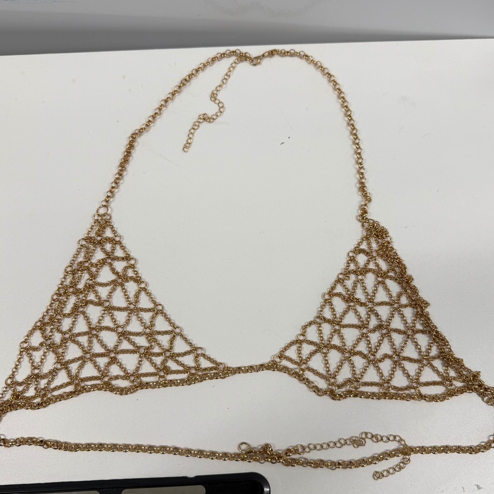 Gold Tone Geometric Chain Link Body Jewelry Halter Top Festival Rave Wear
